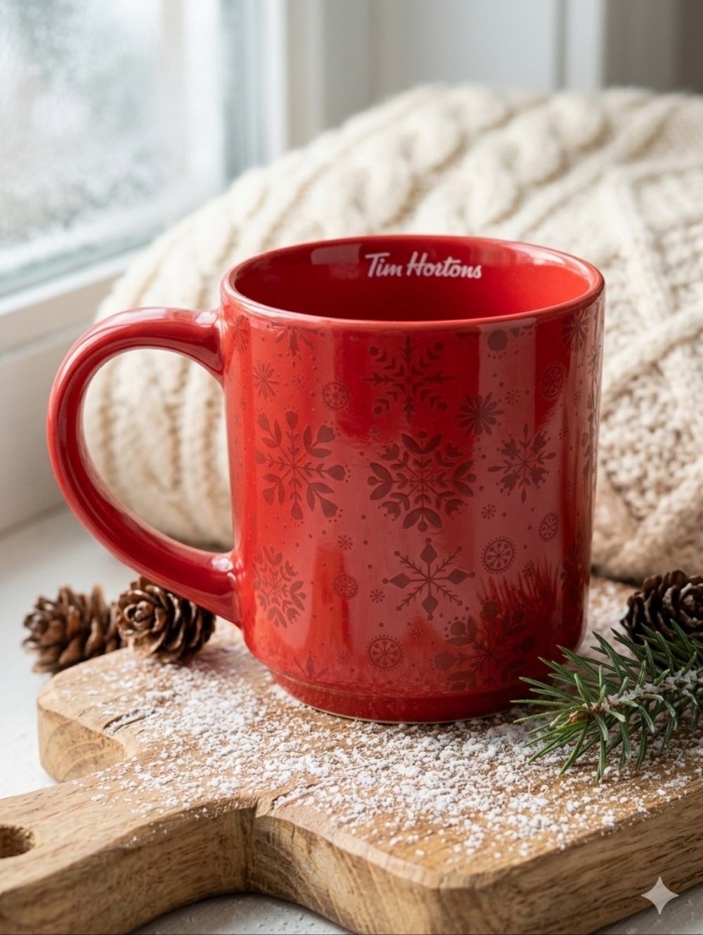 Tim Hortons Red Silver‎ 16oz Holiday Mug Snowflake 2021 Limited Edition Ceramic